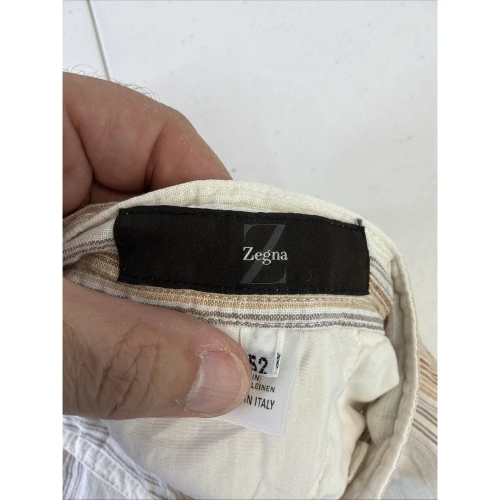 Zegna Mens 100% Linen Striped Pants IT 52 Made in Italy Coastal Drawstring Beige